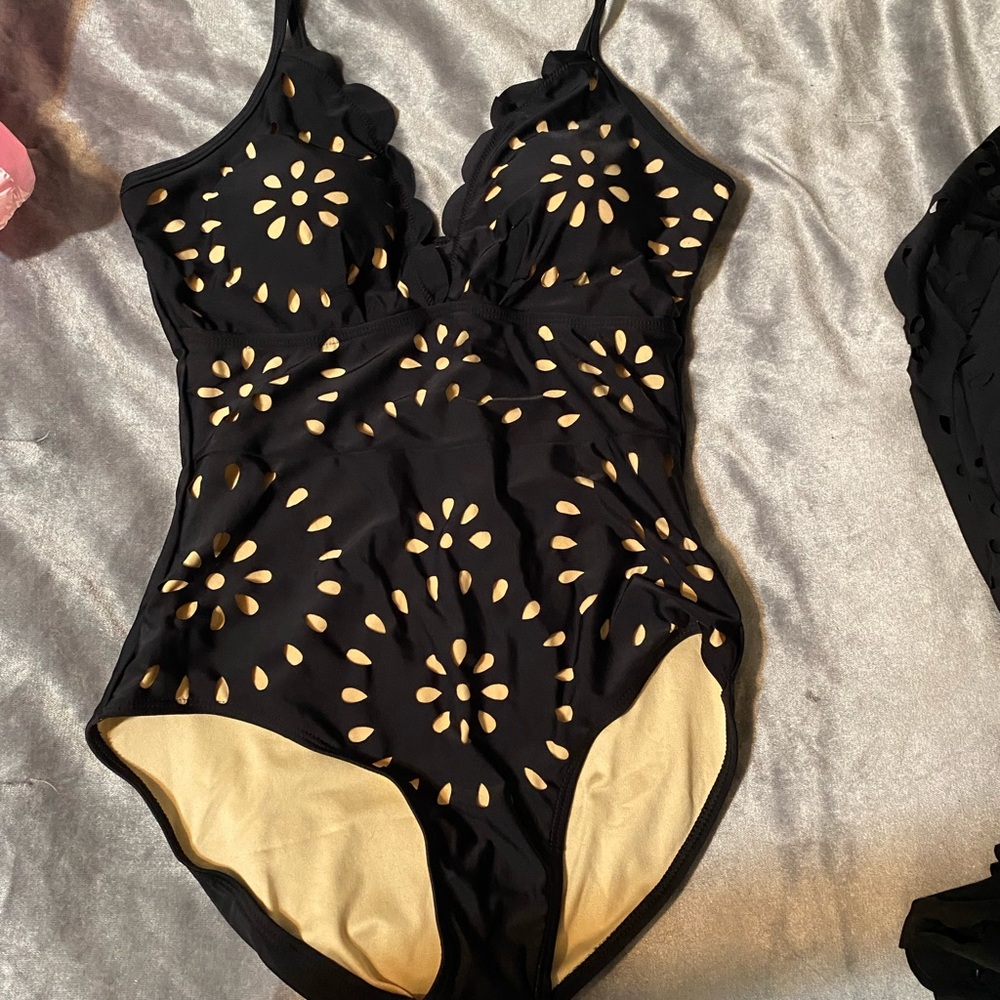 Black and Cream One Piece Swimsuit with Skirt